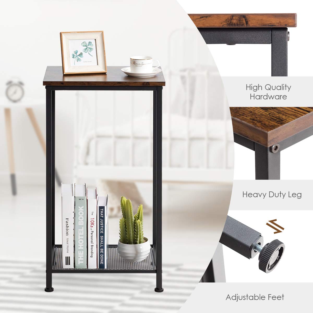 Modern 2-Tier/3-Tier End Table with Metal Mesh Storage - Industrial Style Nightstand for Living Room & Bedroom | Perfect for Small Spaces, Home Office & Apartment Decor