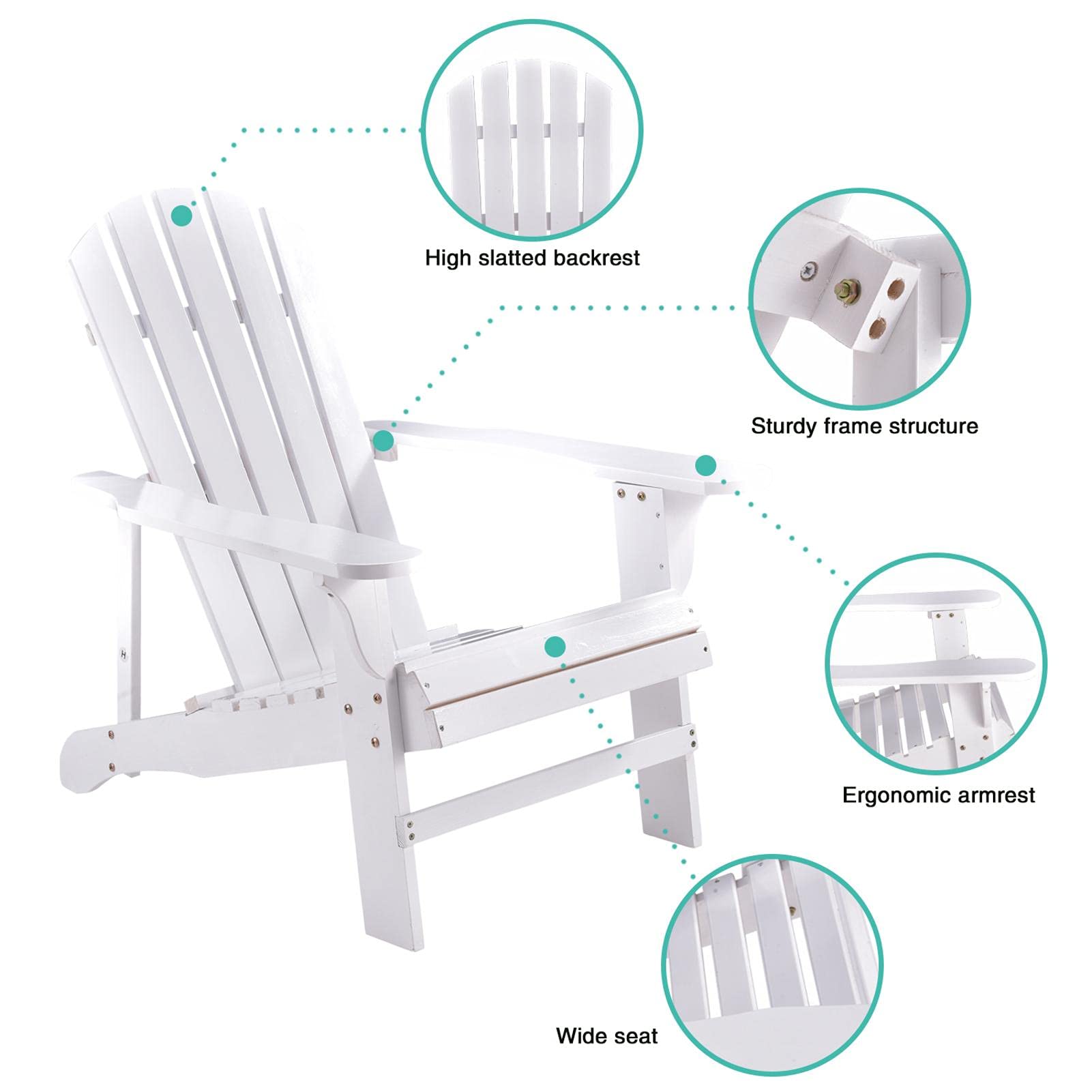 Premium Foldable Solid Wood Adirondack Chair - All-Weather Outdoor Patio Chair for Terrace, Porch, Lawn & Beach - 350LBS Weight Capacity (White) - Perfect for Relaxing in Your Garden or by the Poolside