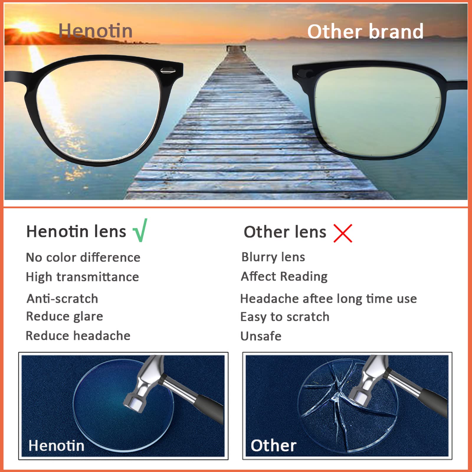 Henotin 6 Pack Blue Light Blocking Reading Glasses for Women & Men - Stylish Computer Readers with Leather Case - Perfect for Office Work, Gaming & Screen Time