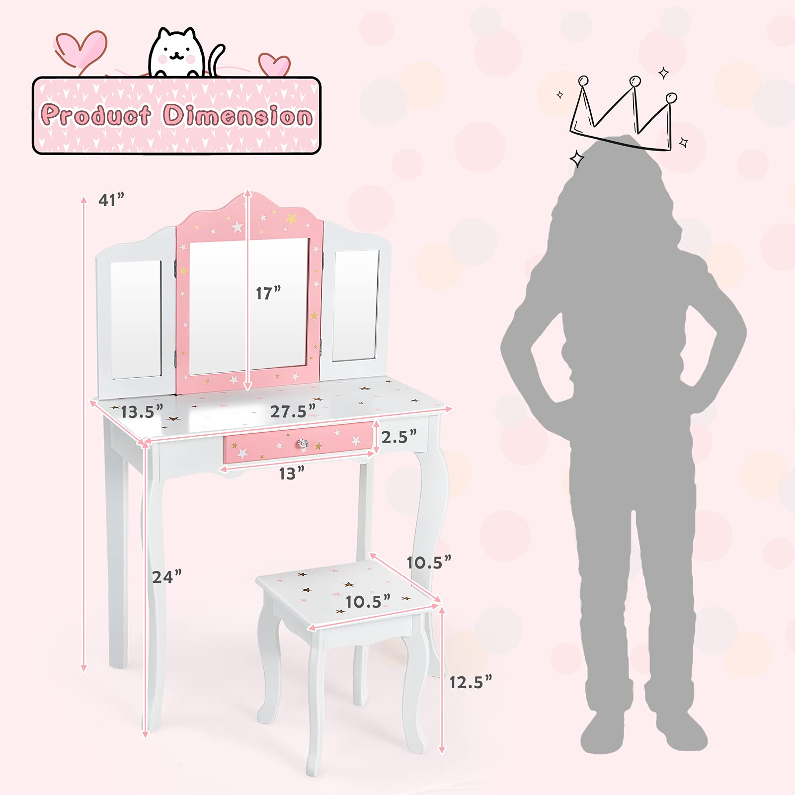 Costzon Kids Vanity Set with Mirror & Stool - Princess Makeup Table for Girls Pretend Play, White