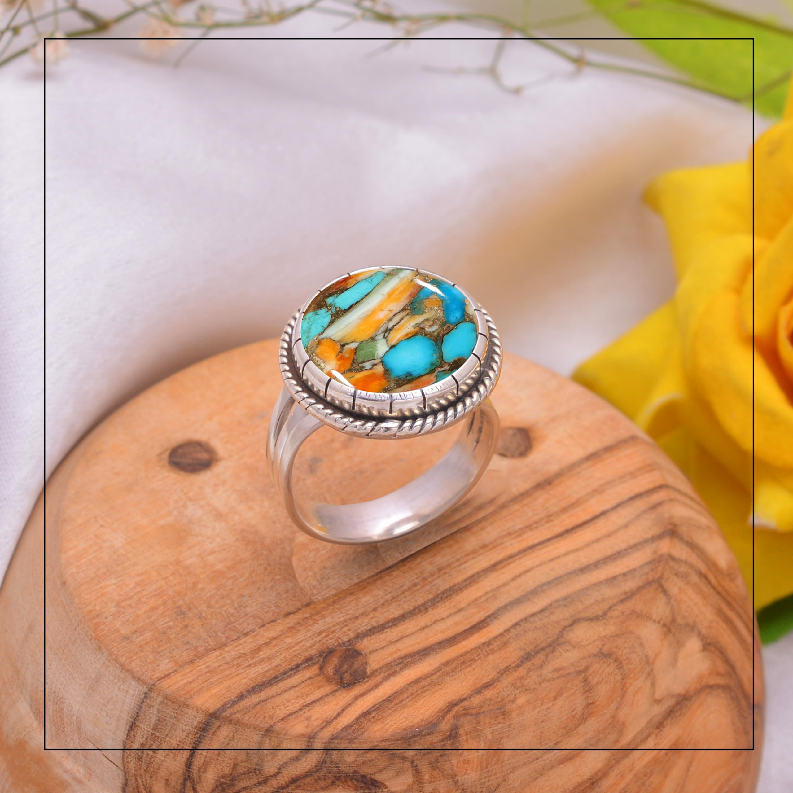Veracity Jewelry 925 Sterling Silver Oyster Copper Turquoise Rings for Women - Kingman Mojave Mohave Spiny Oyster Healing Meditation Jewelry - Multi Color Turquoise Rings - VSR-615 - Perfect for Boho Style, Spiritual Healing & Fashion Accessories