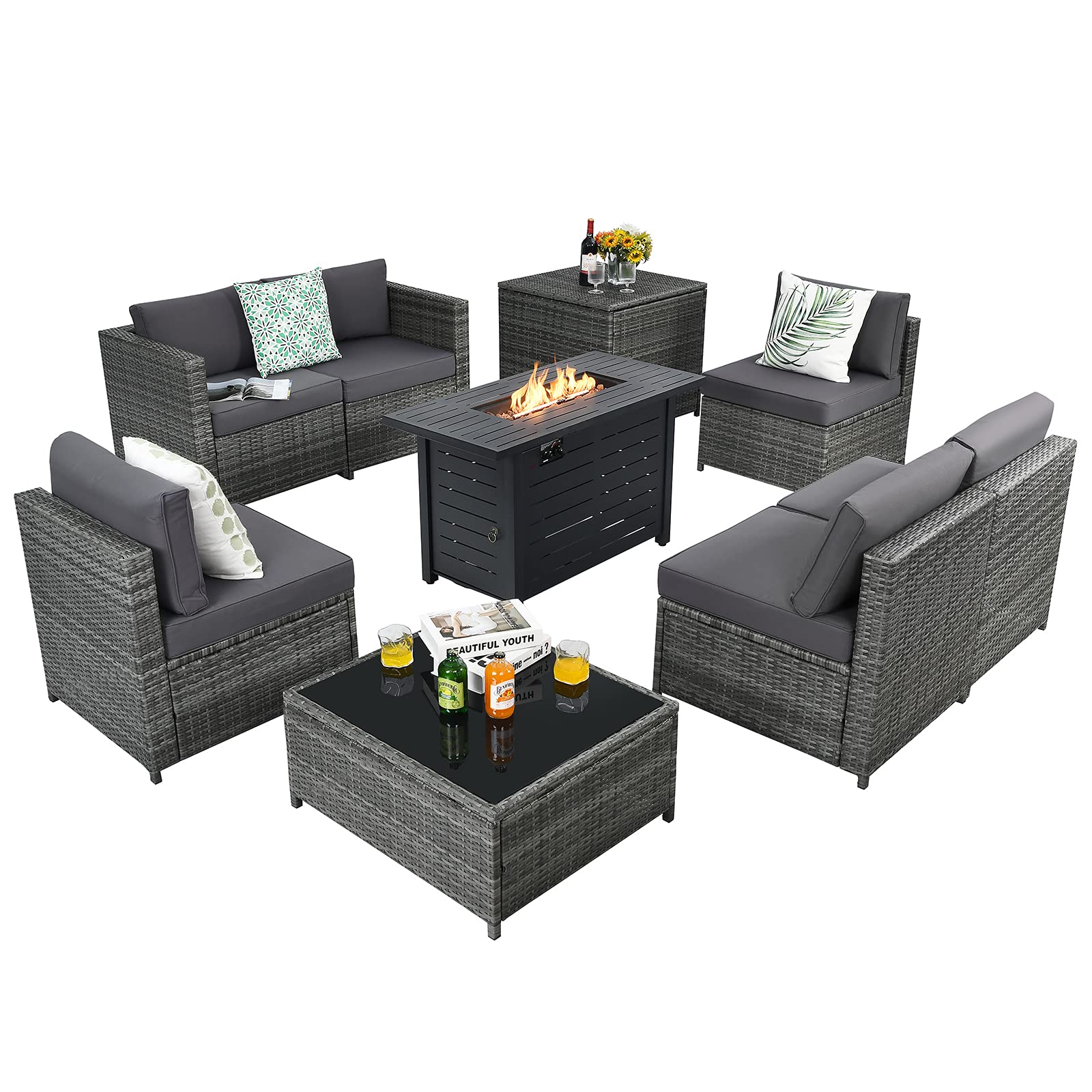 Tangkula 9-Piece Outdoor Patio Furniture Set with Fire Pit Table - Grey Rattan Wicker Sectional Sofa, Coffee Table & Storage Box - Perfect for Backyard, Garden, Poolside & Patio Conversations