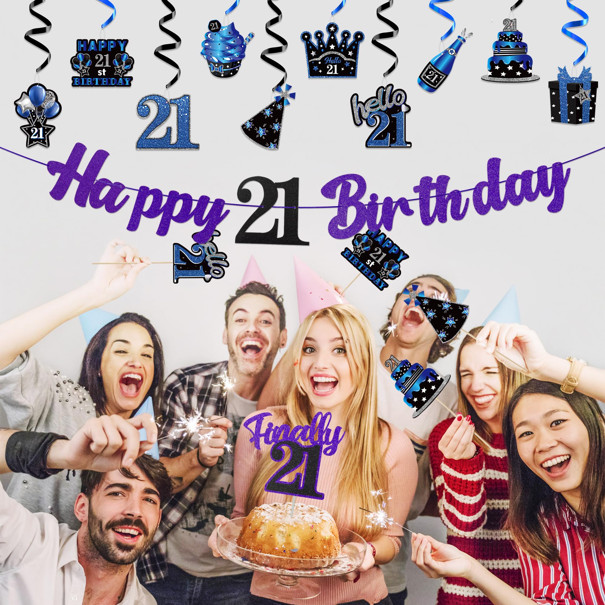 WATINC 42pcs Blue Purple Birthday Party Decorations Kit - Glitter Hanging Garland, Swirls Sign & Cake Topper for 21st Birthday Celebrations | Perfect for Home Decor, Table Centerpieces & Milestone Parties