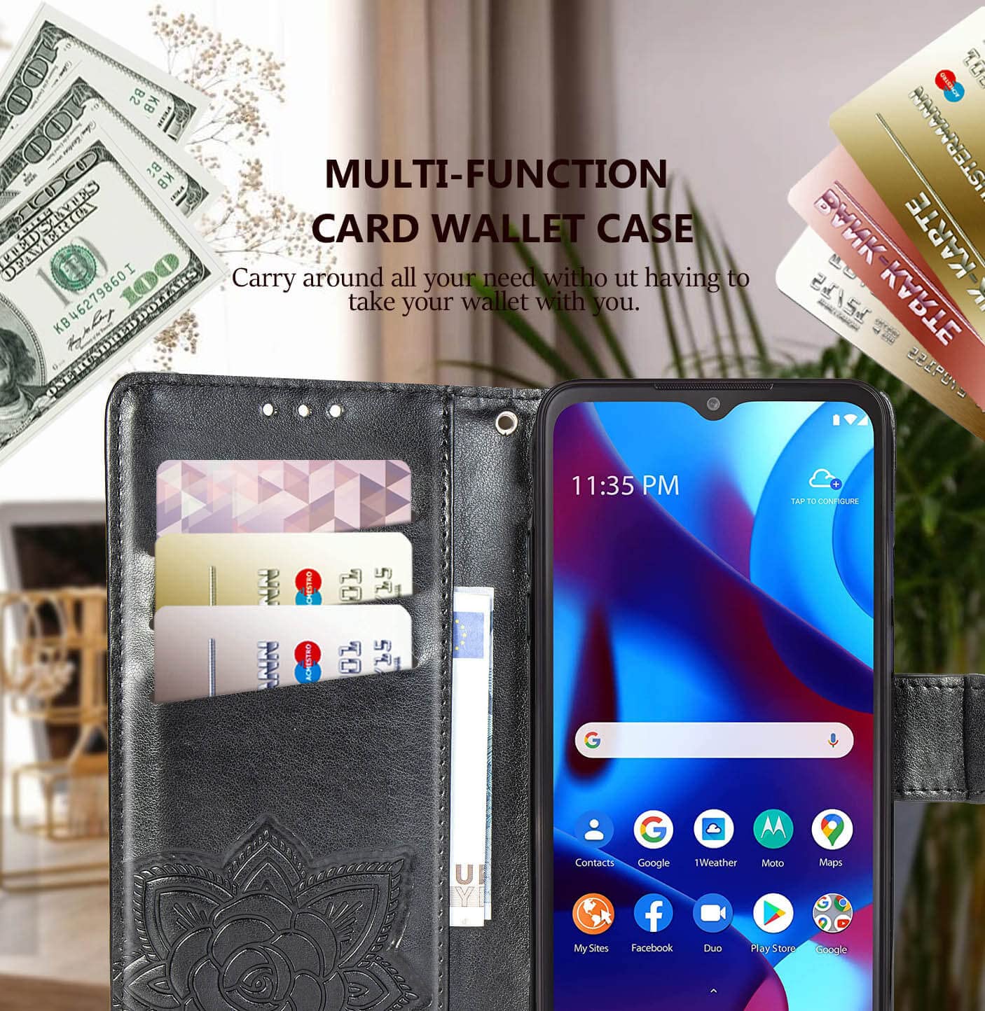 Motorola Moto G Pure Phone Case Wallet - Butterfly Embossed PU Leather Protective Cover with Card Holder Slots, Kickstand & Wrist Strap | Stylish Flip Case for Women | Perfect for Everyday Use, Travel & Work (Black)