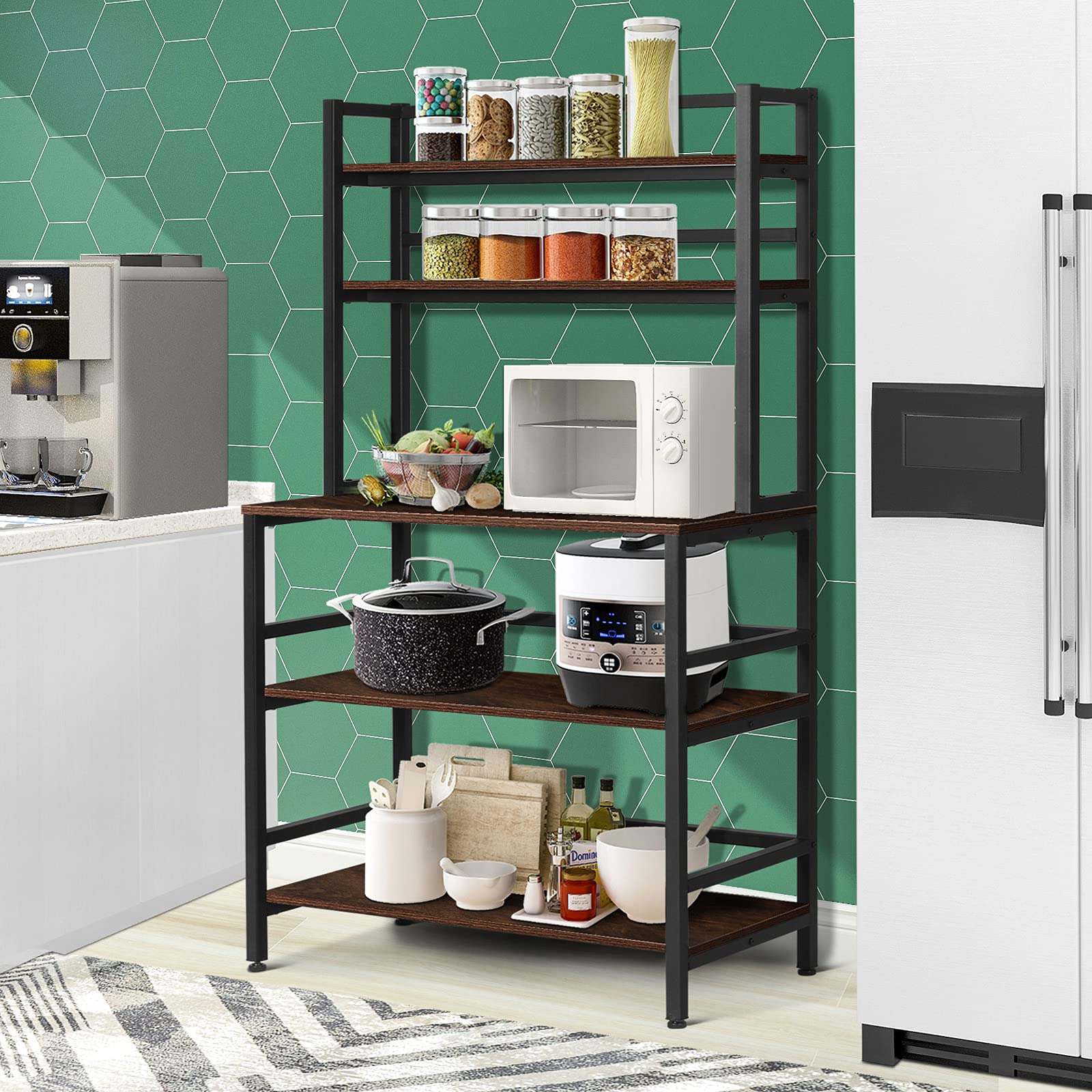 5-Tier Bakers Rack Kitchen Storage Shelf - Microwave Stand with Storage, Coffee Bar Table for Spice & Pots - Rustic Brown - Perfect for Small Kitchens, Pantry Organization & Coffee Station Setup