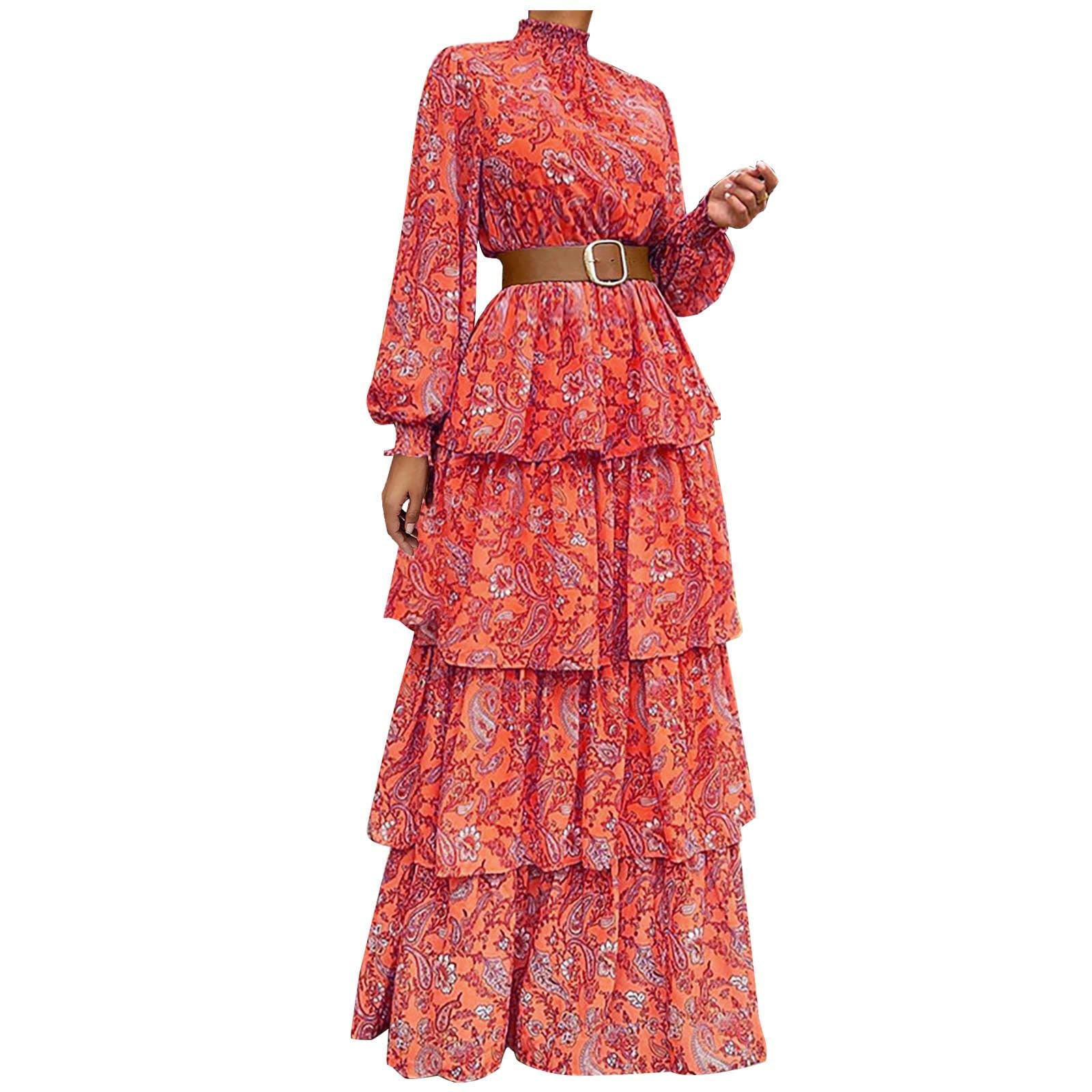Women's Long Sleeve Turtle Neck Patchwork Print Dress with Waistband & Belt | Casual Fall Winter Fashion 2022 | Perfect for Office, Party & Date Night Outfits