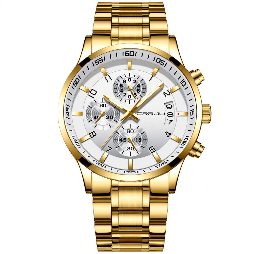 CRRJU Men's Stainless Steel Chronograph Watch with Date Display - Waterproof Fashion Wristwatch for Business, Casual & Outdoor Activities