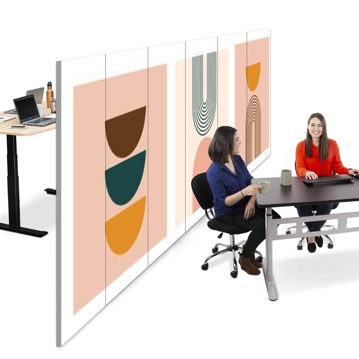 Mid Century Modern Canvas Room Divider Screen - Set of 3 Geometric Art Prints, Neutral Folding Privacy Partition with 6 Panels, Multicolor | Perfect for Home Office, Studio, or Bedroom Space Separation