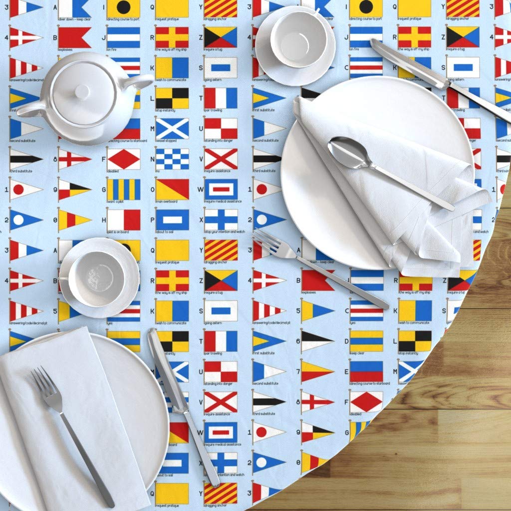 Custom Nautical Flags Sailing Print Cotton Sateen Tablecloth - 90 Inch Round Waterproof Dining Table Cover for Outdoor Picnic, Beach Party & Boat Decor