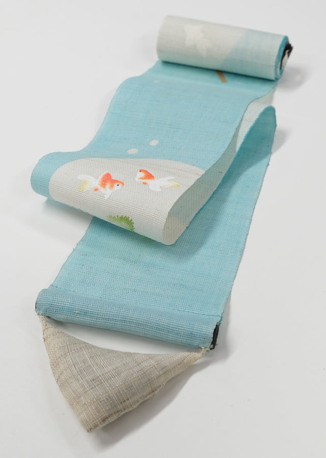 Hand Dyed Linen Japanese Narrow Tapestry - Kyoto Noren with Fan & Goldfish Design - Traditional Japanese Wall Hanging Scroll for Home Decor, Room Divider, and Zen Interior Design