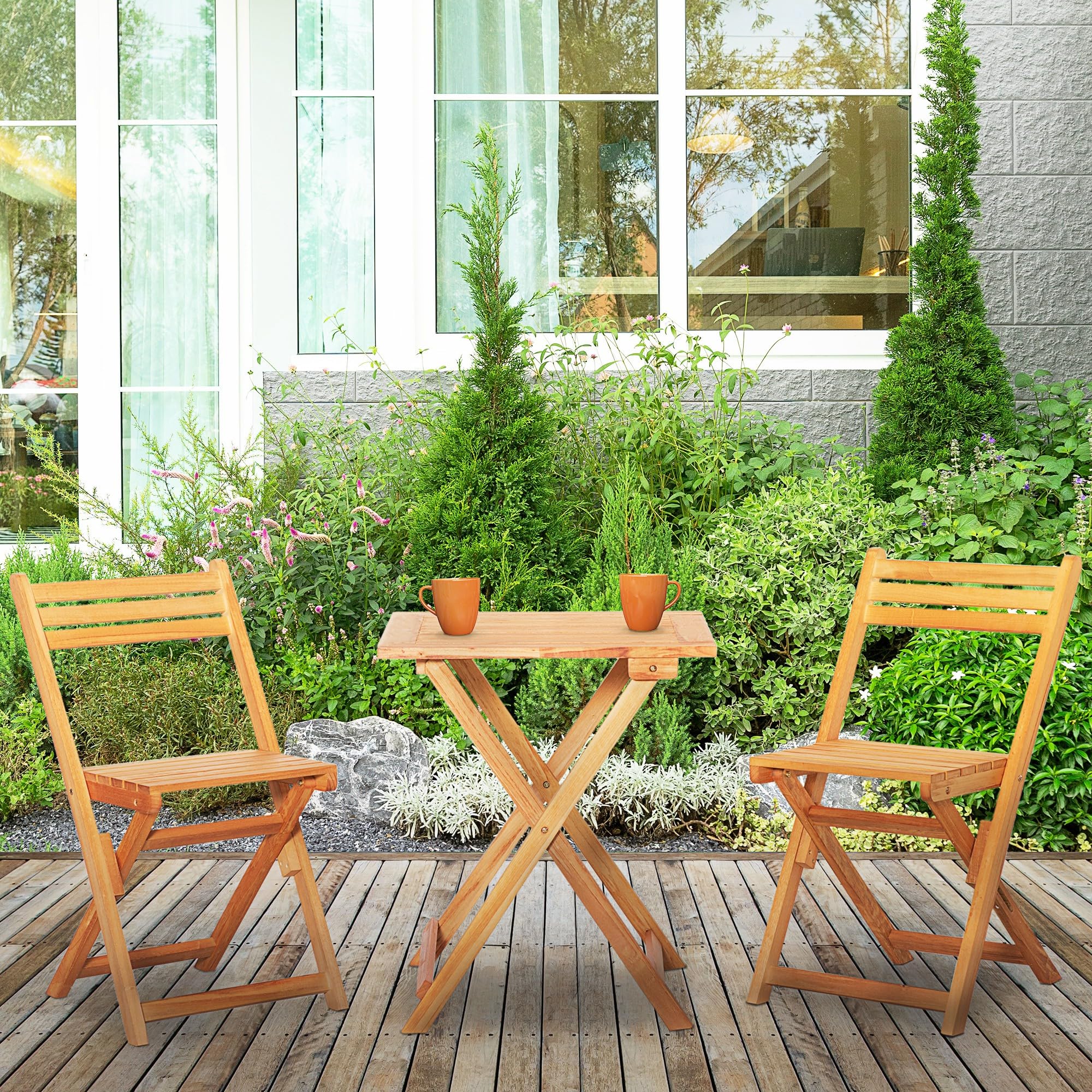 Outsunny 3-Piece Folding Patio Bistro Set - Teak Wood Outdoor Chairs & Table - Garden Dining Furniture for Poolside, Balcony, Deck, Backyard - Perfect for Outdoor Entertaining & Relaxation
