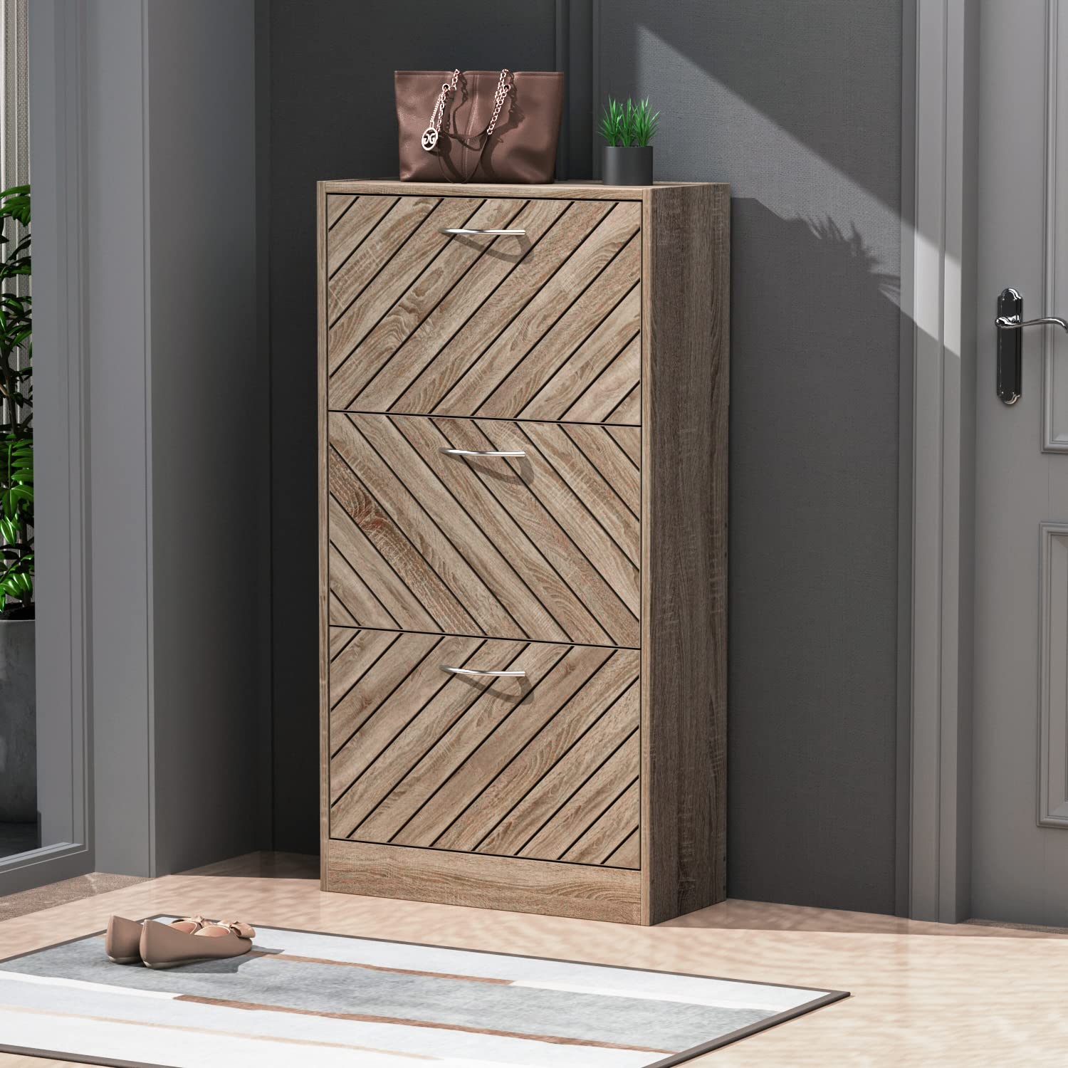 AIEGLE 3-Tier Shoe Cabinet - Wooden Entryway Shoe Organizer with Adjustable Shelves for Home & Office