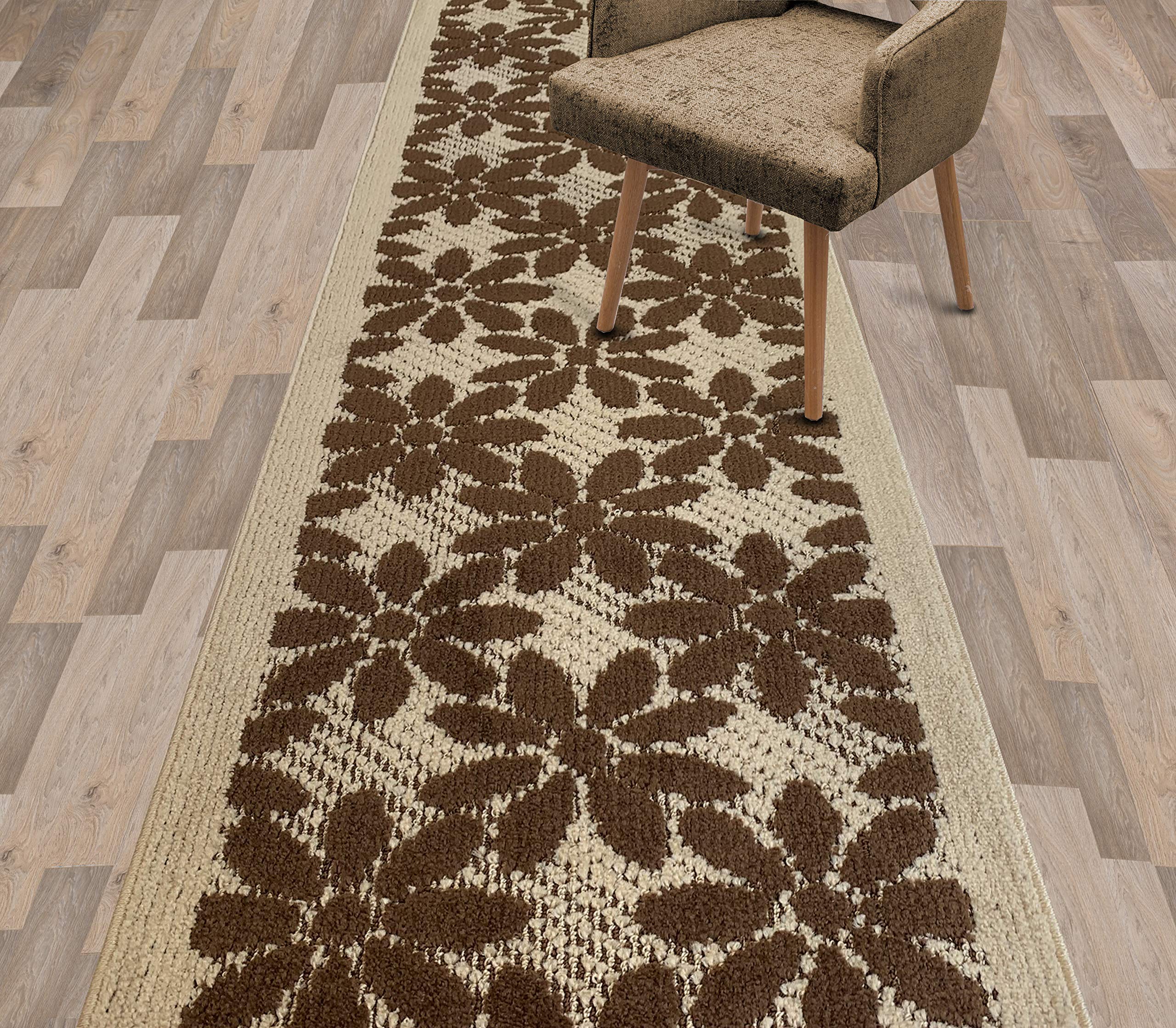 Non-Slip Floral Brown Indoor Carpet Runner Rug - 2'1