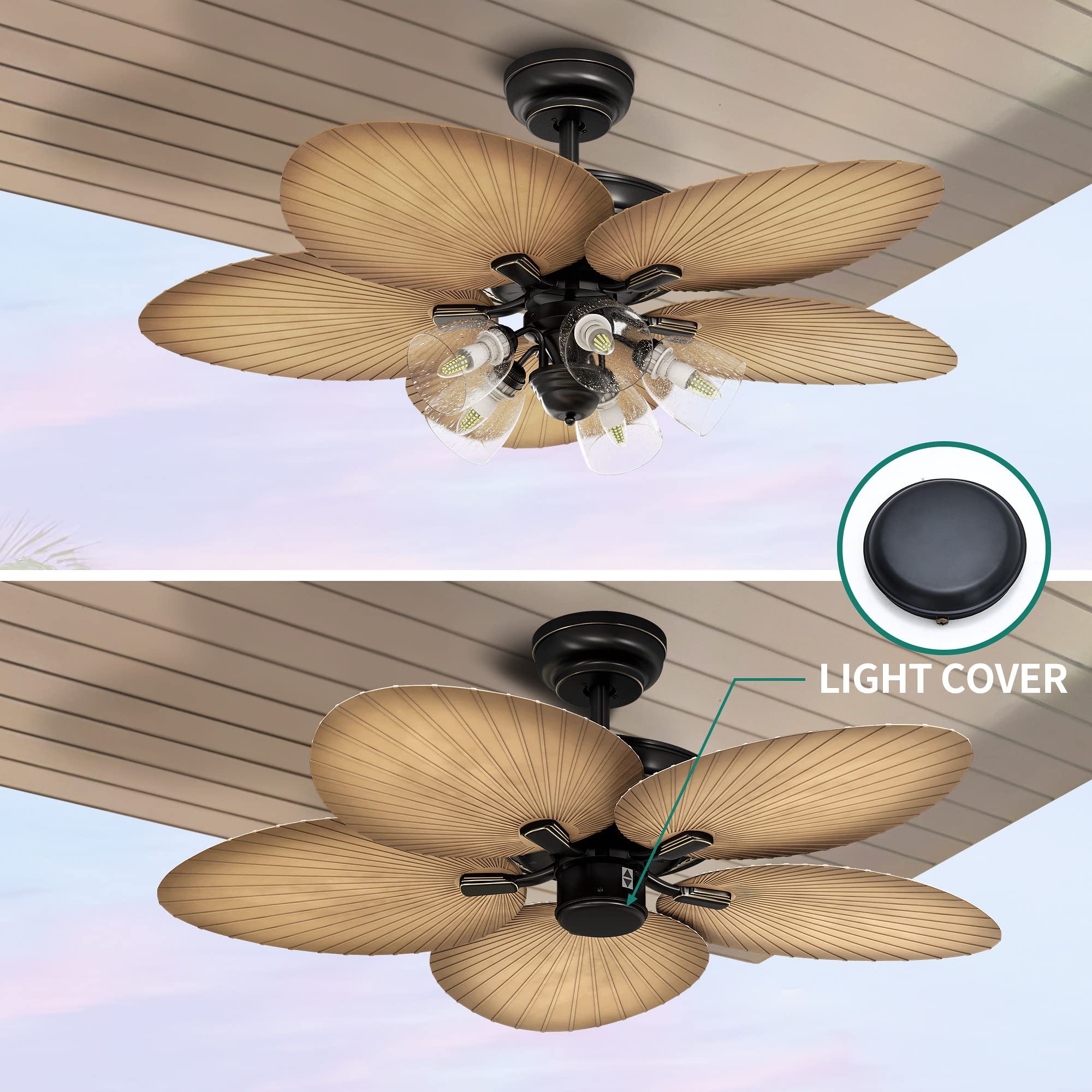 YITAHOME 52 Inch Tropical Ceiling Fan with Light Kit - Remote & Wall Control, 3 Speed Silent Reversible Motor, 4 Timer Settings, Palm Leaf Blades, Clear Seeded Glass - Perfect for Bedroom, Living Room & Outdoor Patio (Sandstone/Black)