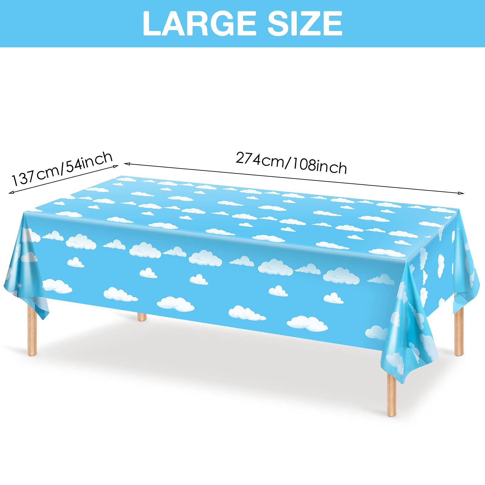 Tatuo Blue Sky White Clouds Cartoon Tablecloth - 54 x 108 Inch Birthday Party Table Cover (4-Piece Set) for Baby Shower, Kids Birthday Decorations | Waterproof & Washable | Perfect for Indoor/Outdoor Celebrations