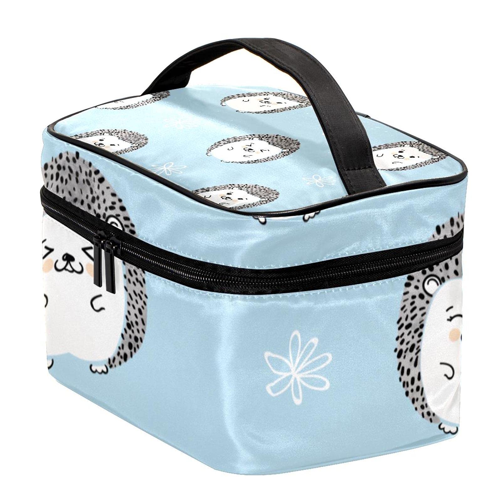 Cute Hedgehog and Floral Print Large Travel Makeup Bag - Waterproof Cosmetic Organizer with Zipper for Women & Girls - Perfect for Vacation, Gym, and Daily Essentials Storage