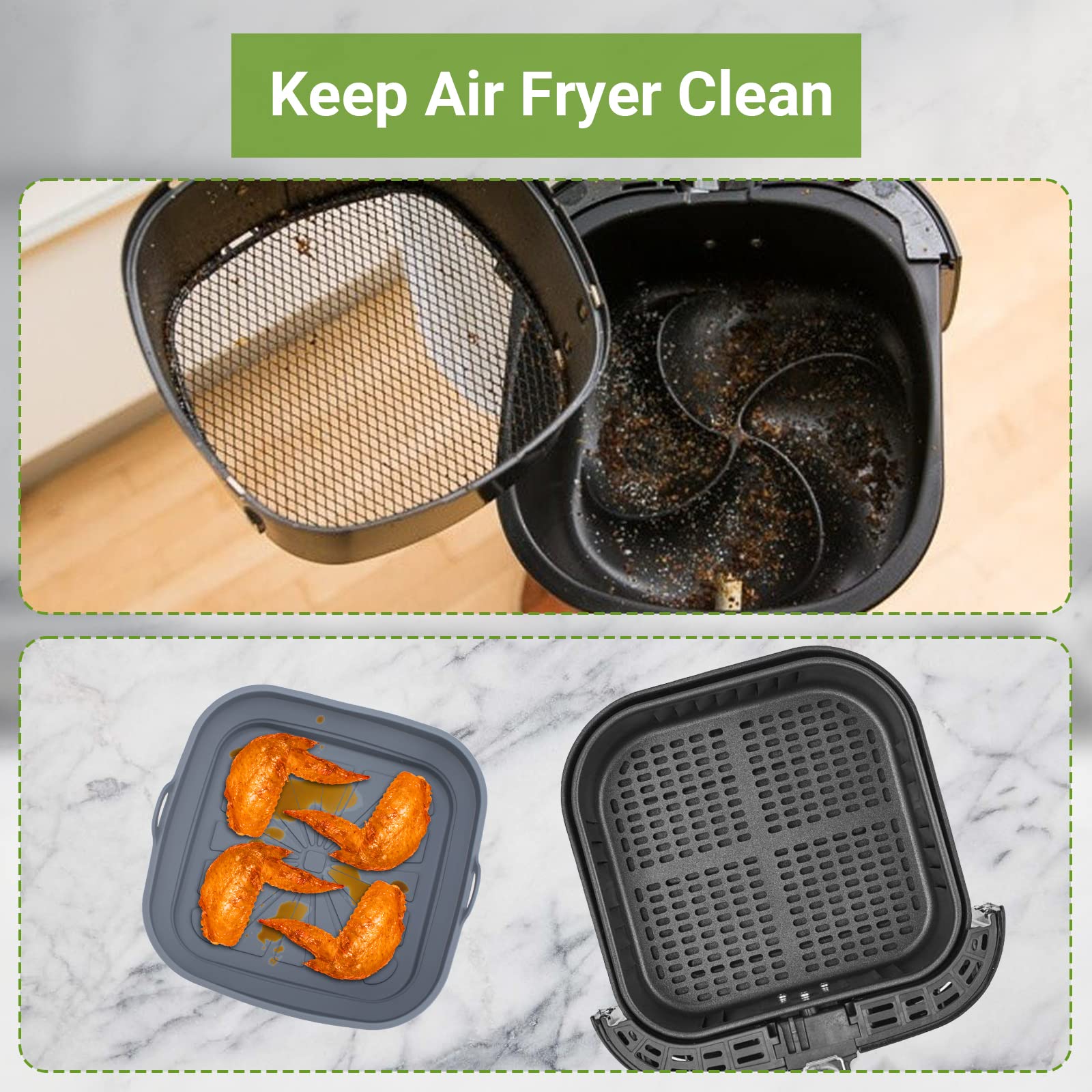 Alyvisun Silicone Air Fryer Basket Mold, 2-Piece Reusable Square Pan & Foldable Liner for Hot Air Fryer, Microwave & Oven (Blue + Gray) – Perfect for Healthy Cooking, Meal Prep & Snacks