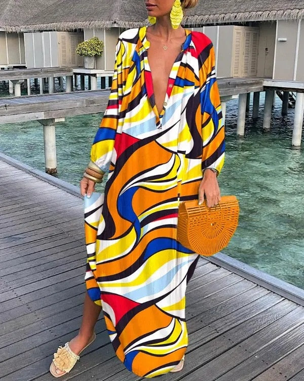 Lovevop Women's Black Friday Sexy Casual Loose Long Sleeve Maxi Dress - Abstract Print Round Neck Lantern Sleeve Shirt Dress for Party, Date Night & Going Out