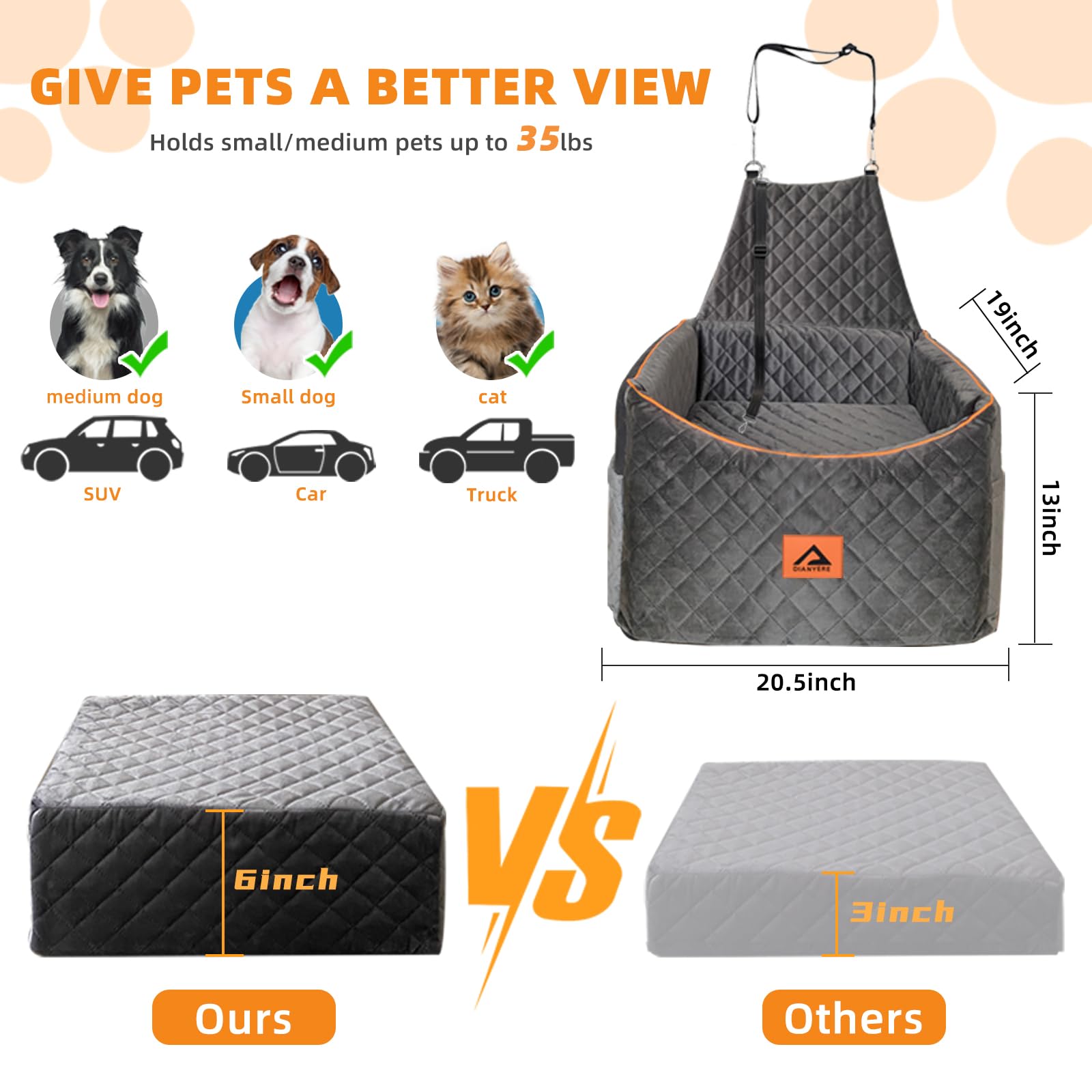 **Memory Foam Dog Car Seat for Small & Medium Dogs (Up to 35lbs) - Quick Rebound Booster Pet Travel Bed with Washable Cover, Storage Pocket & Seat Belt - Gray - Perfect for Road Trips & Daily Commutes**