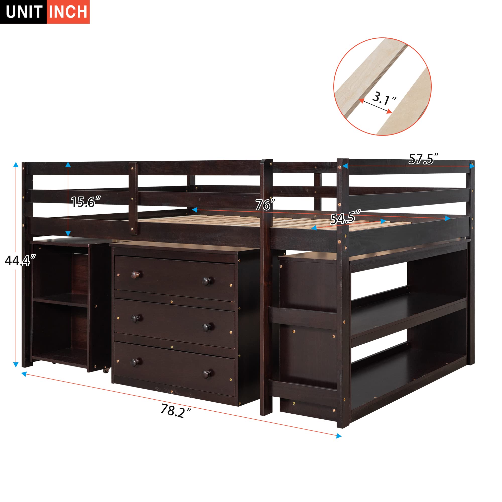 Full Loft Bed with Desk & Storage Drawers - Low Study Kids Loft Bed with Safety Guard Rails & Bookcase Shelf - Espresso Finish - Perfect for Small Bedrooms, Dorms & Kids' Rooms