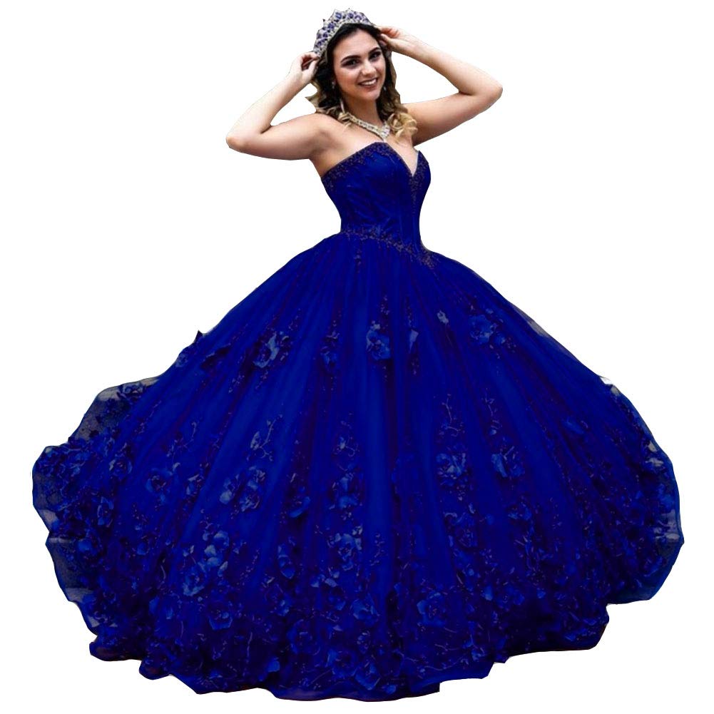 Emmani Women's Sweetheart Applique Princess Prom Party Gown Tulle Quinceanera Dress Royal Blue - Perfect for Homecoming, Sweet 16, Quinceañera & Formal Events