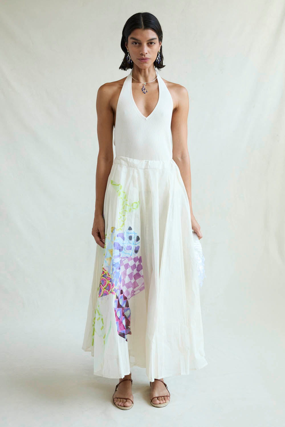 Elegant Aquarelle Floral Print Skirt in Eggshell - Perfect for Summer Dresses, Beach Outfits & Boho Fashion