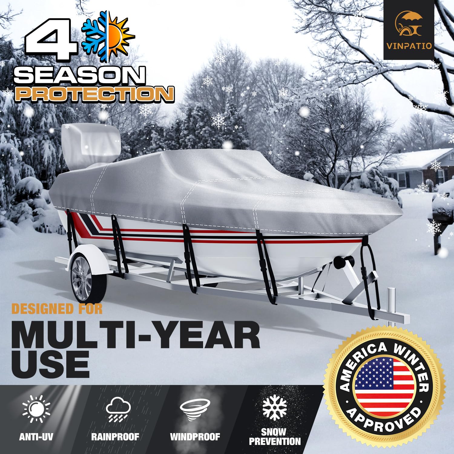 Heavy Duty 24-26 ft Waterproof Boat Cover with Motor Cover | Marine Grade V-Hull Runabout & Bass Boat Cover | Fits Fishing & Ski Boats up to 108