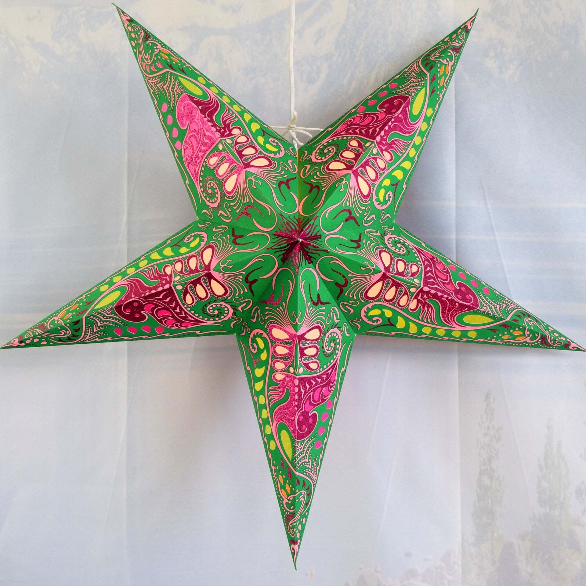 24 Inch Paper Star Lantern - Green & Pink Nebula Glitter Decorative Hanging Light for Bedroom, Party, Wedding & Home Decor