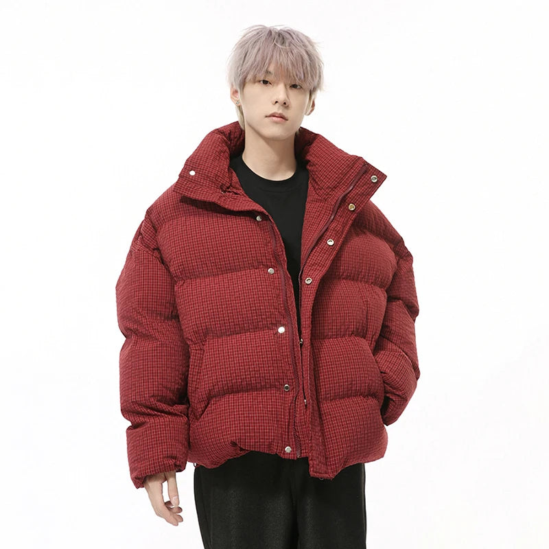 Vintage American Style Men's Cotton Plaid Stand Collar Drawstring Casual Loose Padded Jacket - Warm Winter Coat for Outdoor Activities & Streetwear Fashion