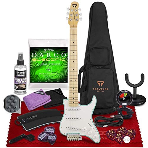 Traveler Guitar Travelcaster Deluxe Solidbody Electric Guitar - Surf Green (TCD SGNG) with Clip-On Tuner, Hanger, Strings, Picks, Strap & Care Kit | Portable Electric Guitar for Travel, Practice & Home Studio Use