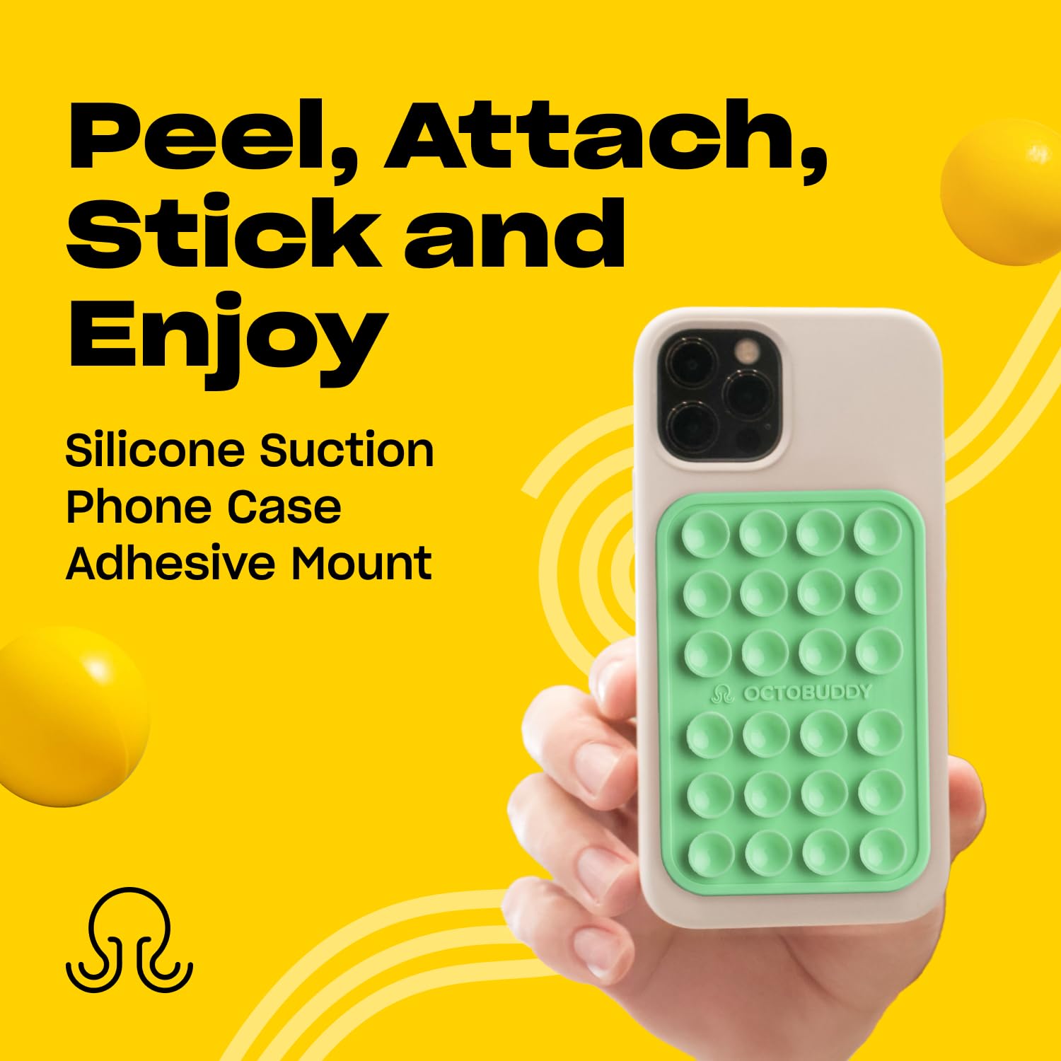 OCTOBUDDY MAX Silicone Suction Phone Case Adhesive Mount - Hands-Free, Strong Grip Holder for Selfies, Videos, and Vlogging - Durable, Easy to Use - iPhone and Android Compatible - 2.6″ x 3.9″, Green Ash - Perfect for Car, Desk, and Outdoor Adventures