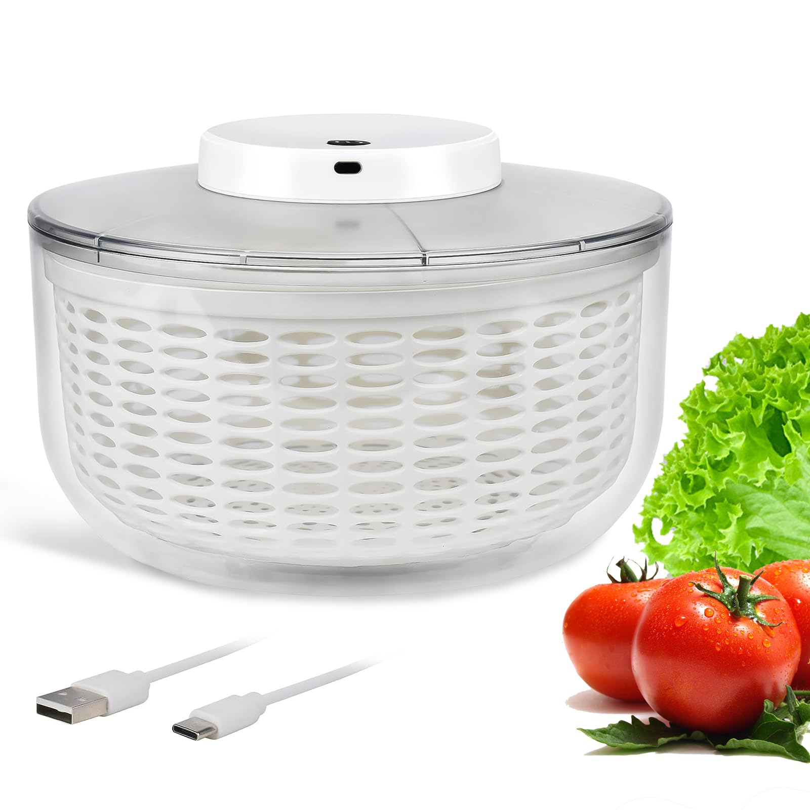 6.3 Qt Electric Salad Spinner with 350ml Squeeze Bottle - Large Lettuce Dryer, Salad Mixer & Fruit Washer - Spin & Dry Greens, Fruits, Vegetables - Compact Kitchen Tool (White) - Perfect for Healthy Meal Prep, Quick Salad Making & Fresh Produce Cleaning