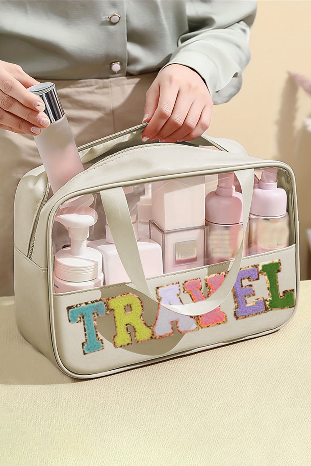 Stylish Chenille Letter Clear PVC Makeup Bag for Travel - Perfect Cosmetic Organizer for Vacation, Gym & Daily Essentials