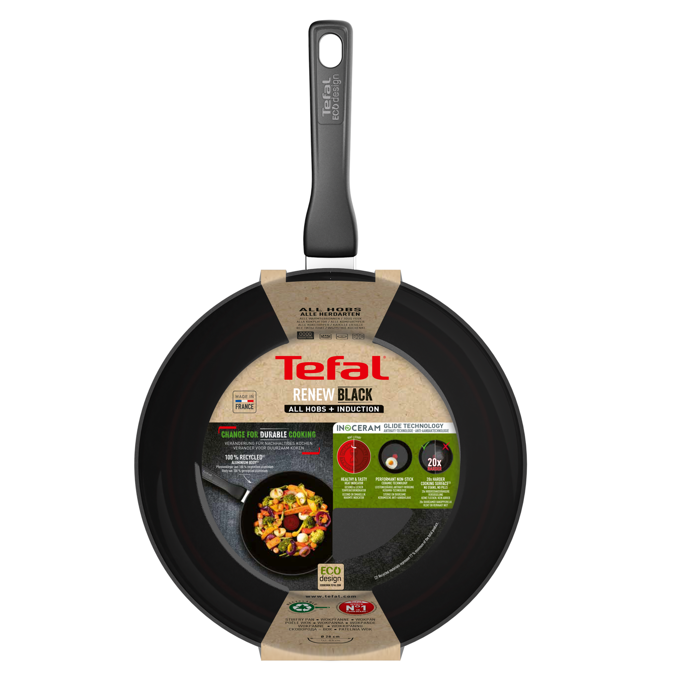 Tefal Renew Black Wok 28cm - Ceramic Non-Stick Coating Frying Pan | Healthy Cooking, Stir Fry & Sauteing | Dishwasher Safe & Scratch Resistant