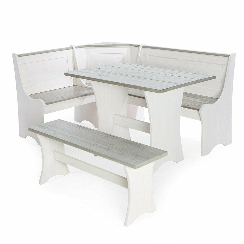 3-Piece White and Gray Breakfast Nook Dining Set with Corner Booth Bench & Kitchen Table - Perfect for Small Space Kitchens, Dinettes and Cozy Dining Areas