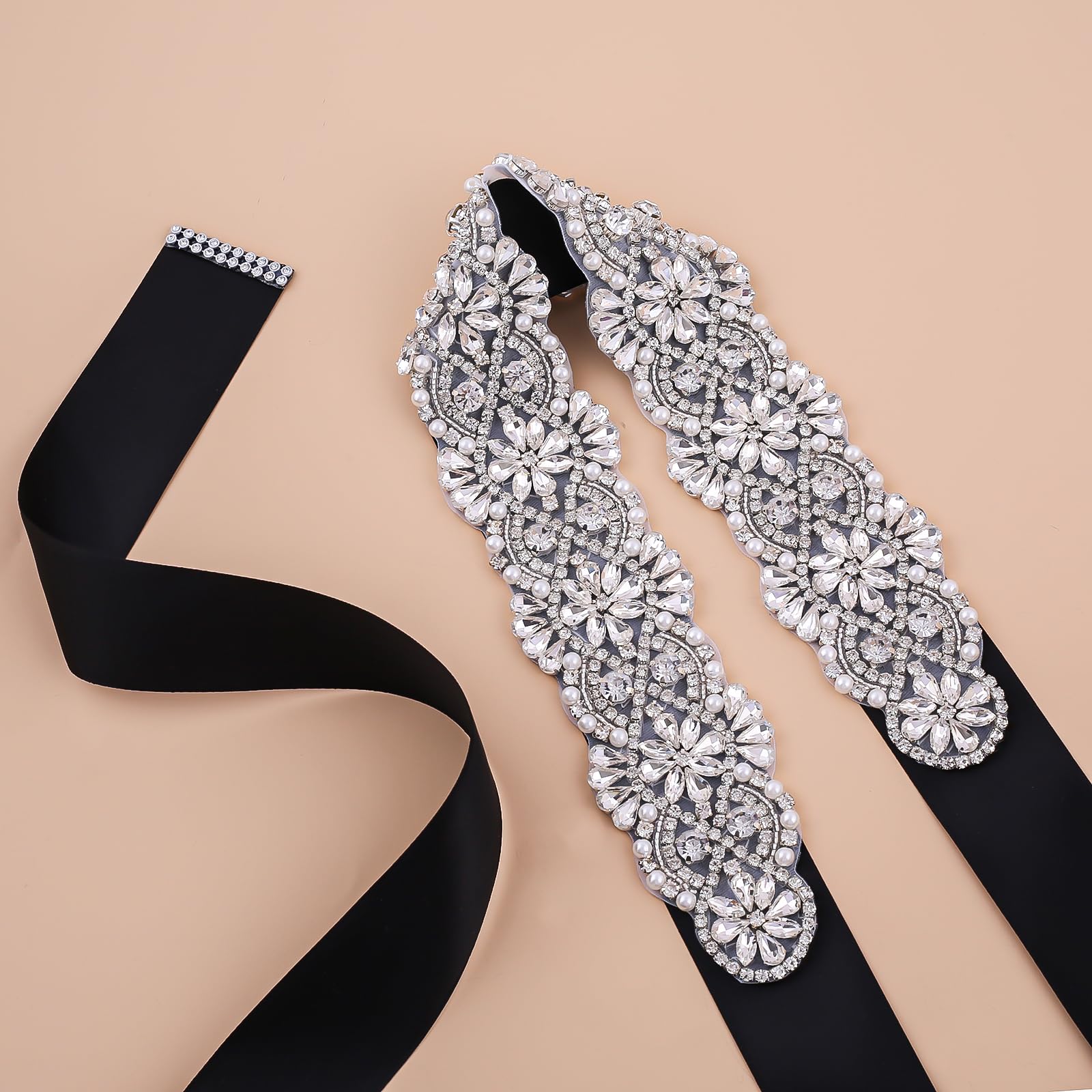 Handmade Beaded Bridal Belt with Crystals & Pearls - Rhinestone Wedding Dress Sash for Bride - Perfect for Bridal Showers, Wedding Ceremonies & Formal Occasions