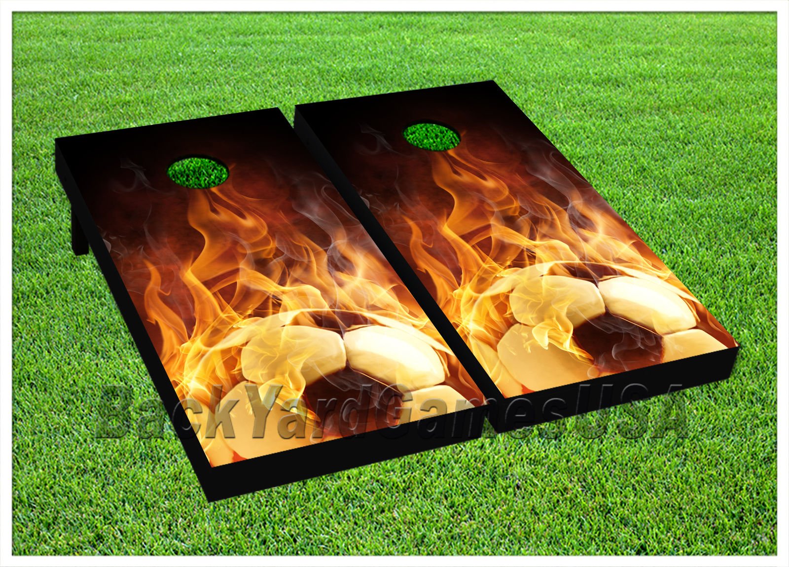 BackYardGamesUSA Cornhole Bean Bag Toss Game Set with Boards, Bags, Soccer Ball & Fire Sports Design for Outdoor Parties, Tailgating, and Family Fun