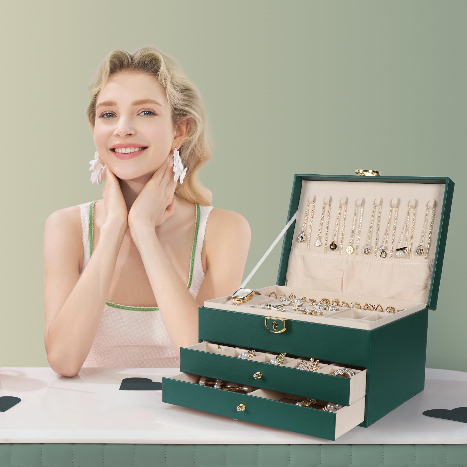 3-Layer Jewelry Organizer Box with Lock - for Necklaces, Rings, Watches - Perfect Gift for Women (Christmas/Birthday/Valentine's) - Green