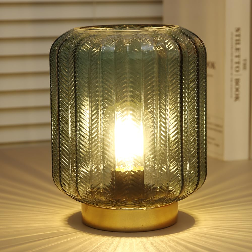 Battery Operated LED Table Lamp - Modern Cordless Bedside Lamp with Glass Shade & Timer, Portable Decorative Lighting for Living Room, Bedroom, Home Office, Camping & Emergency Use (Green)