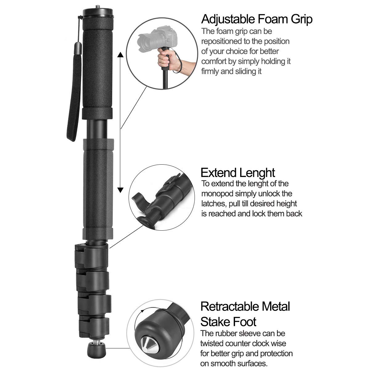 Acuvar 62 Inch Professional Camera Monopod with Safety Strap - 4-Section Extendable Aluminum Tripod for DSLR, Mirrorless, Compact Cameras & Smartphones - Perfect for Travel, Vlogging & Outdoor Photography