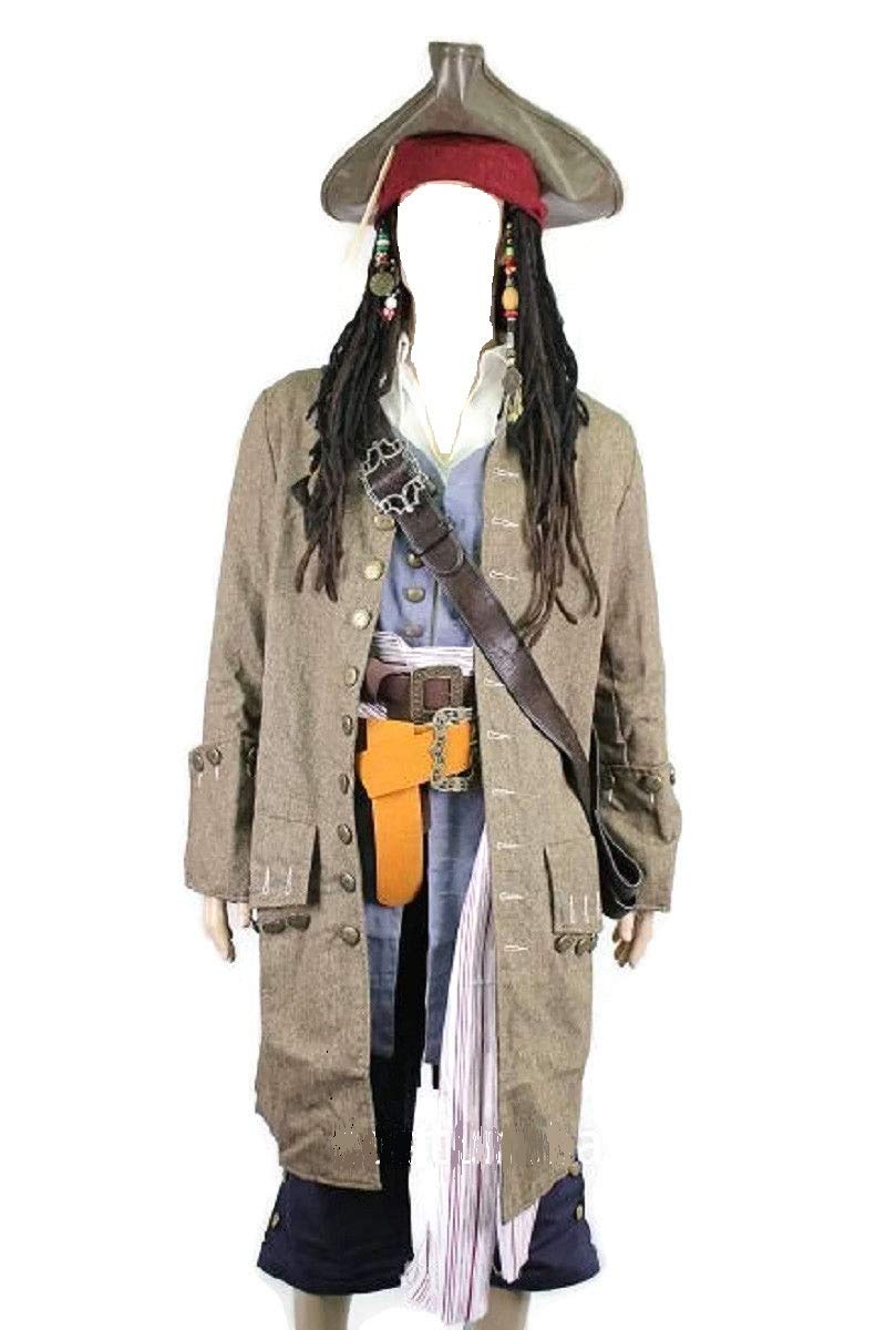 Captain Jack Sparrow Pirate Costume Set with Wig, Coat, Vest, Shirt, Pants & Accessories - Halloween Cosplay, Dress Up Party, Movie Theme Events