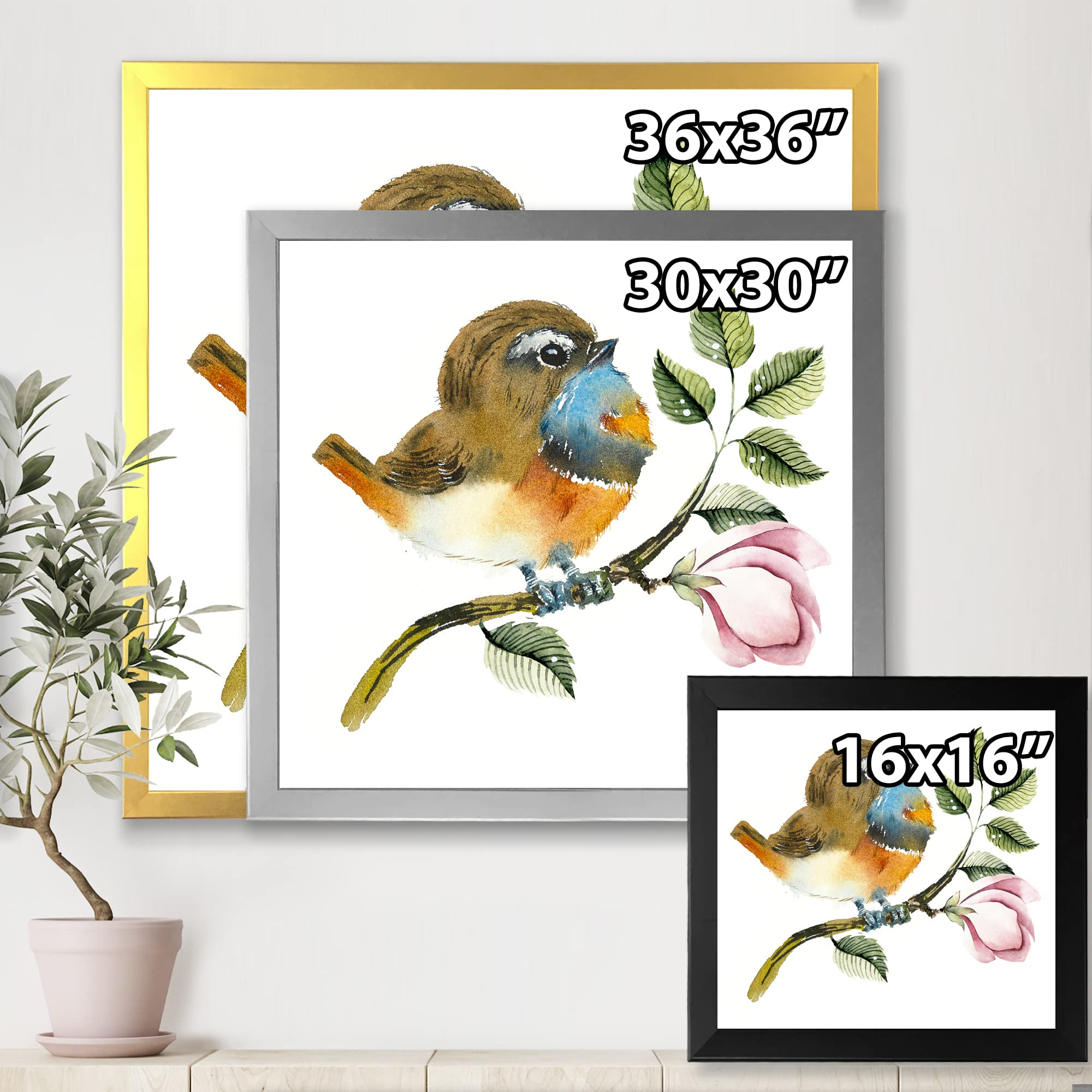DesignQ Traditional Framed Wall Art - Blue Throat Bird on Branch Painting - Home & Office Decor for Living Room, Bedroom, Study