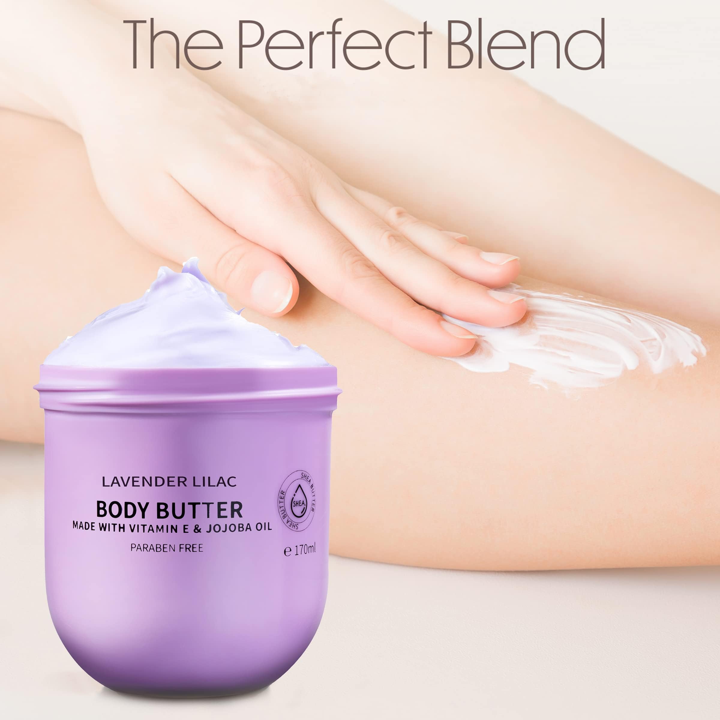 Lavender Lilac Body Butter - Shea Cream with Jojoba Oil & Vitamin E - Hydrating Natural Moisturizer for Dry Hands, Feet & Elbows - 5.74 Fl Oz - Perfect for Daily Skincare Routine & Spa Night Self-Care