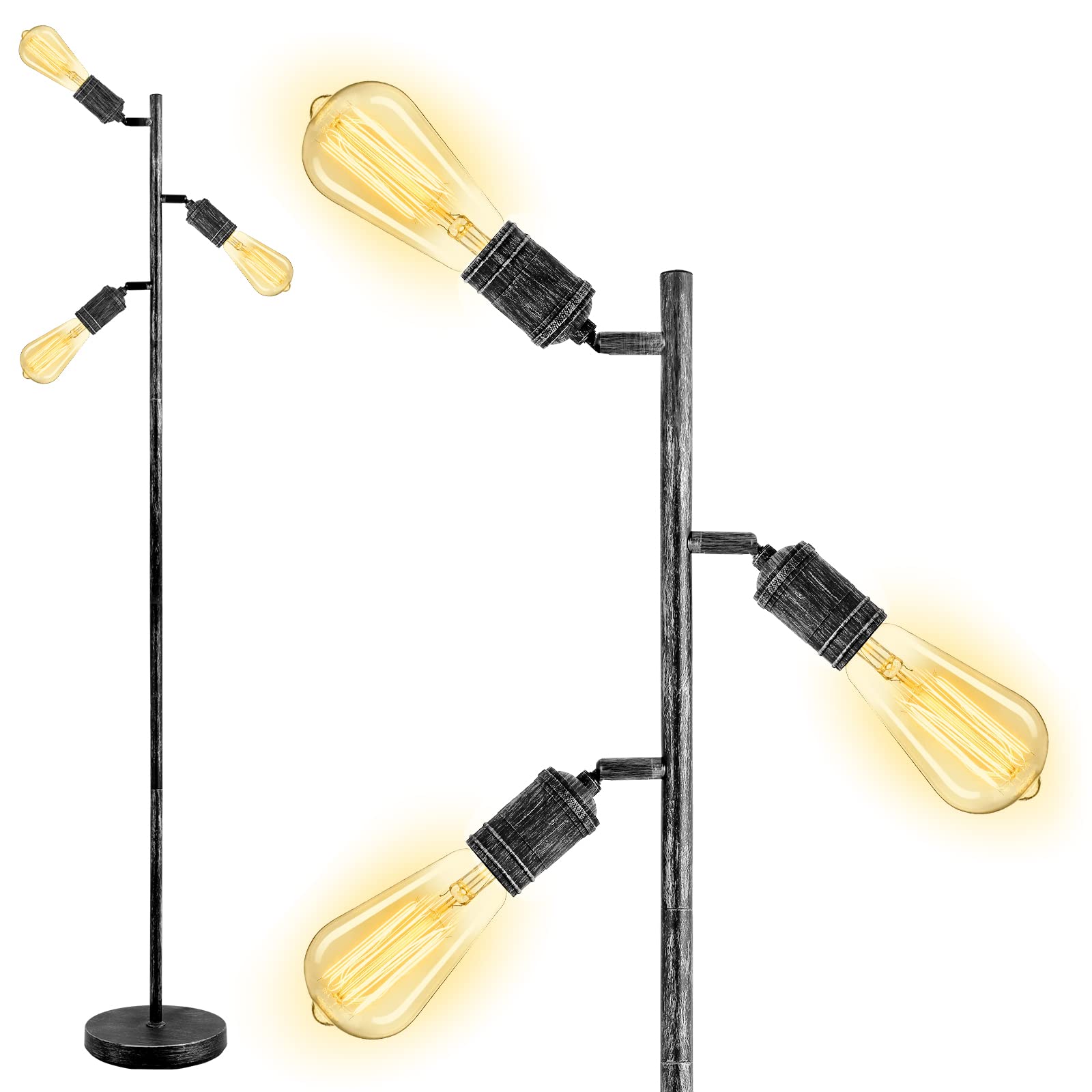 Industrial Floor Lamp - Rustic Silver Tree Standing Lamp with 3 Adjustable Rotating Lights, E26 Edison Bulb Base (Bulb Not Included) for Living Room, Bedroom, Office & Home Decor | Perfect for Reading Nook, Workspace Lighting & Modern Interior Design