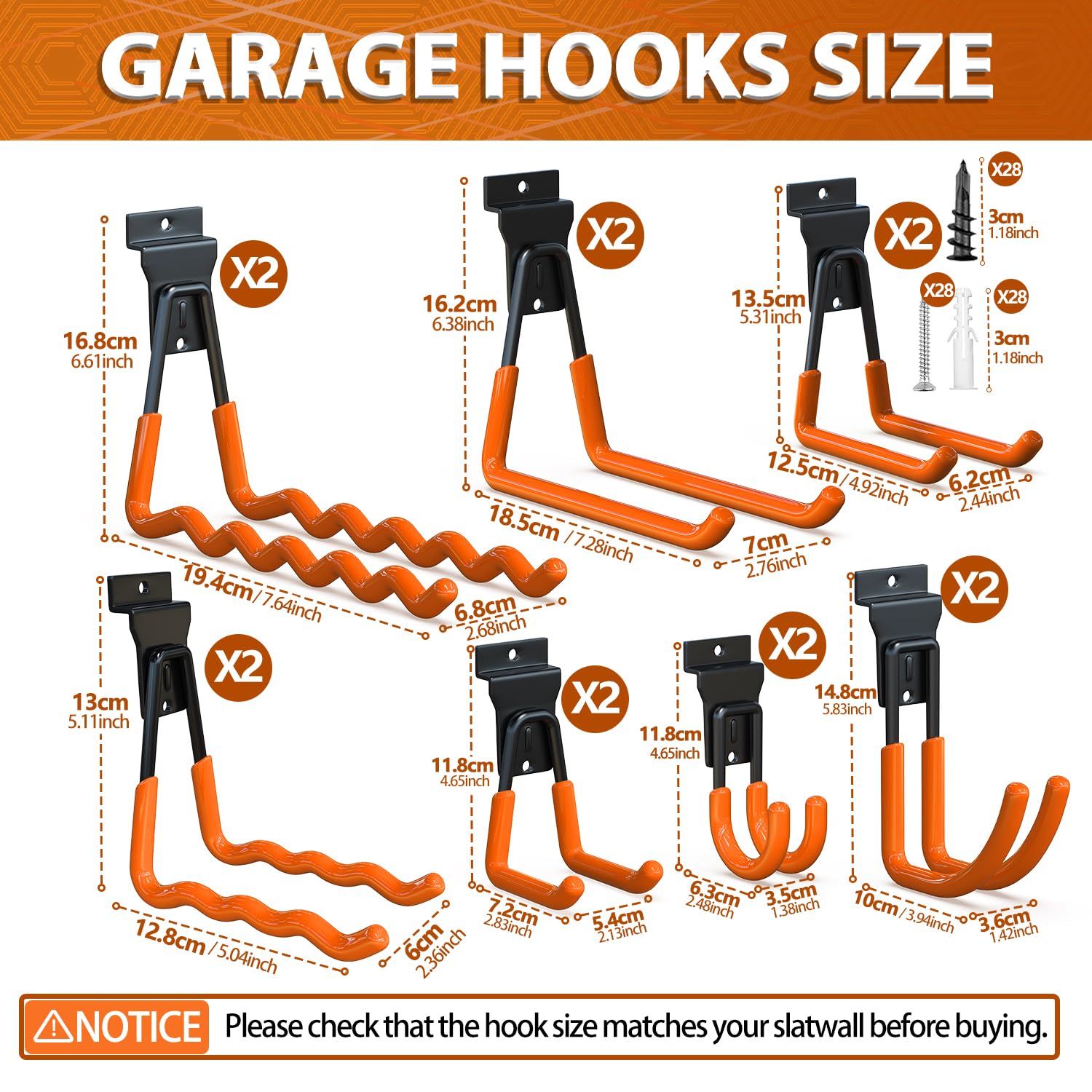 14-Pack 3-H Slatwall Hooks & Hangers - 7 Sizes for Garage Organization - Proslat Accessories for Wall Panels, Garden Tools, Chairs & Ladder Storage - Orange (Perfect for Home, Garage & Retail Display)
