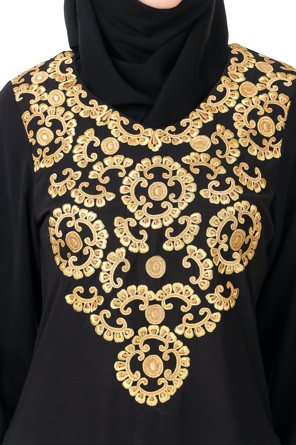 Hand Embroidered Gold & Copper Neck Abaya Dress - Elegant Islamic Modest Fashion for Women | Perfect for Eid, Wedding & Special Occasions