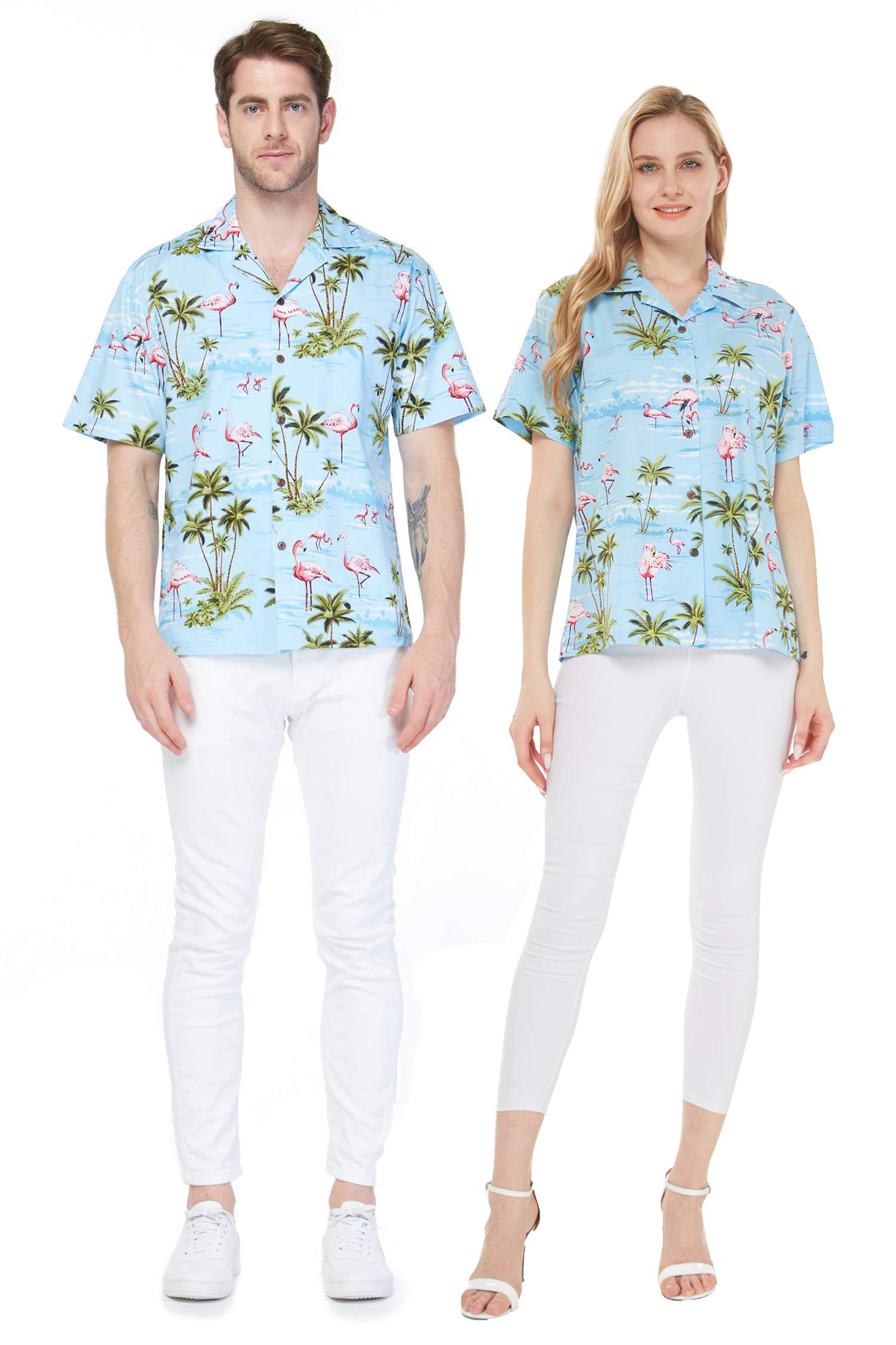 Hawaiian Couple Matching Aloha Shirts - Pink Flamingo Print Turquoise Luau Shirts for Him & Her | Beach Vacation, Hawaiian Theme Party, Summer Date Outfits