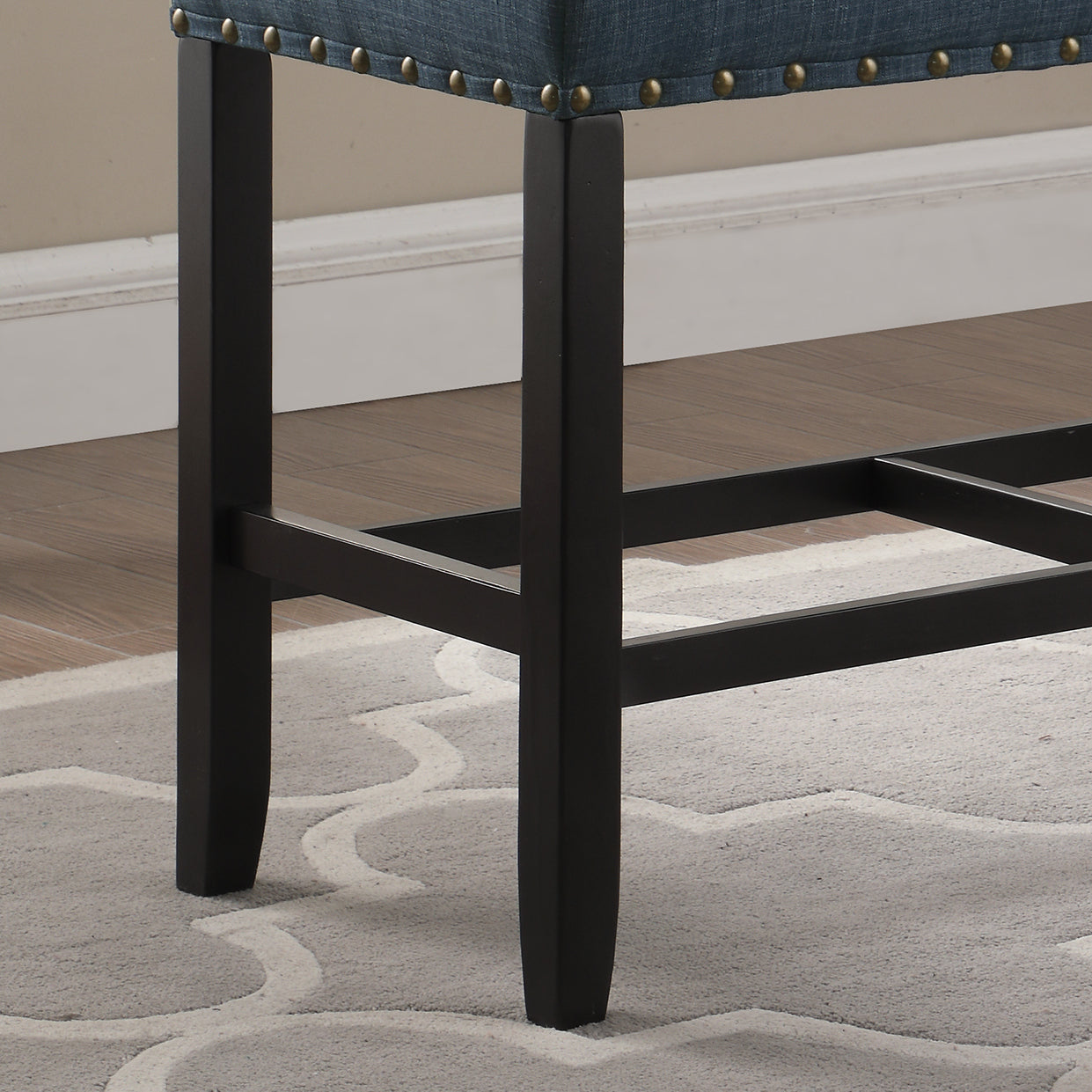 Roundhill Furniture Biony Fabric Counter Height Dining Bench with Nailhead Trim - Blue Upholstered Bar Stool for Kitchen Island, Breakfast Nook & Small Space Dining
