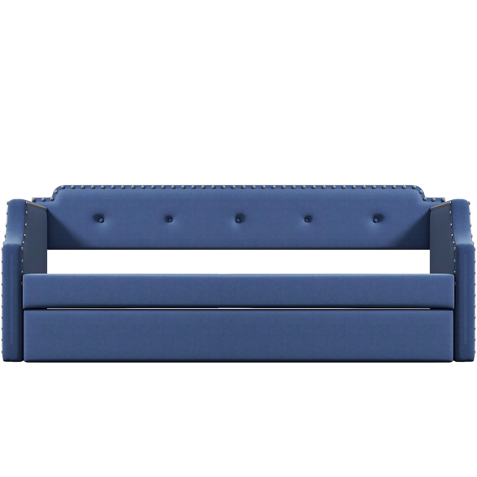 Merax Twin Size Upholstered Daybed with Trundle - Wooden Sofa Bed for Living Room & Guest Room, No Box Spring Needed, Blue Fabric | Perfect for Small Spaces, Sleepovers & Multi-Purpose Furniture