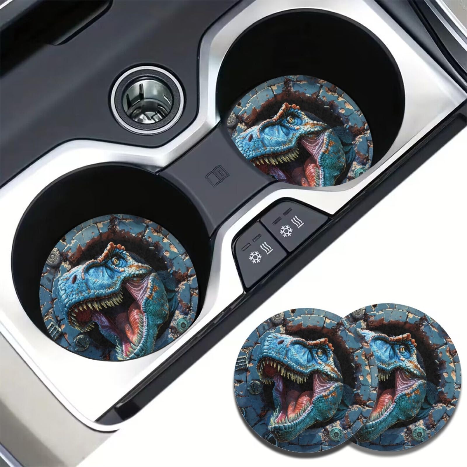 AFPANQZ 3D Dinosaur Car Coasters for Cup Holders - Absorbent Felt+Rubber Coasters Set of 2, 2.75